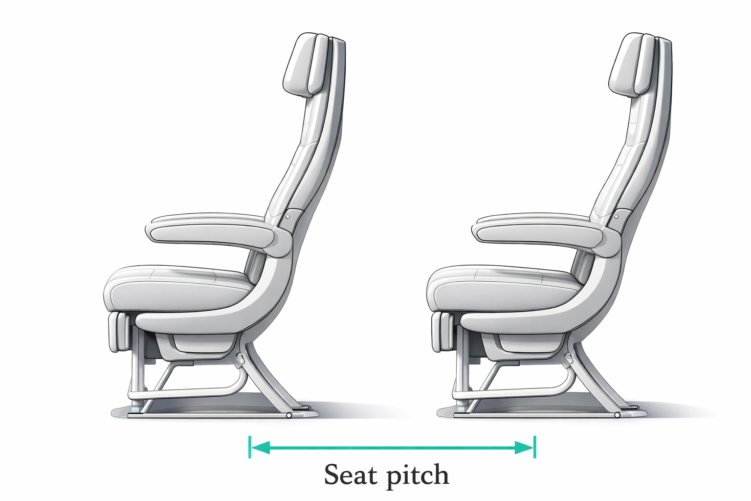 Two economy seats side by side with seat pitch marked as the distance between them